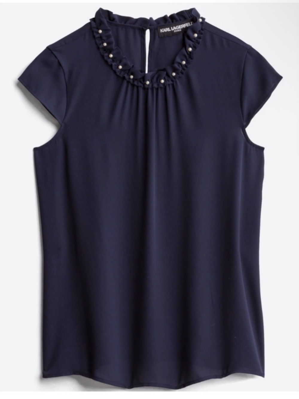 New Karl Lagerfeld Navy Pearl-Embellished Ruffle Neck Shell